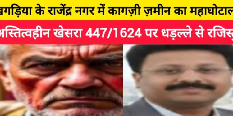 खगड़िया के राजेंद्र नगर में कागज़ी ज़मीन का महाघोटाला: अस्तित्वहीन खेसरा 447/1624 पर धड़ल्ले से रजिस्ट्री,अंचलाधिकारी ने दी मंजूरी,रजिस्ट्रार का चौंकाने वाला बयान-‘मैं तो सरकारी दुकानदार हूं,मेरा काम बस राजस्व देना है,गलत-सही से मुझे क्या मतलब’,बिचौलियों का धड़ल्ले वाला जाल,सिस्टम की जानकार चुप्पी और 35–40 करोड़ का हड़प्पा खेल—कागज़ से करोड़ों तक का खौफनाक खेल,जिसने जनता की गाढ़ी पूँजी पर किया हमला!!