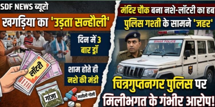 नशे-लॉटरी का हब बने खगड़िया के सन्हौली मंदिर चौक सहित आस पुलिस गश्ती के सामने बिक रहा ‘जहर’,दिन में 3 बार लॉटरी ड्रॉ,शाम ढ़लते ही सज जाता है गांजा-गोली का बाजार,चित्रगुप्तनगर थाने पर मिलीभगत के गंभीर आरोप